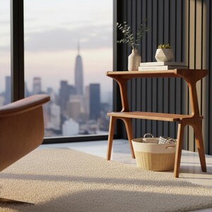 Two tier end table with wood legs and walnut finish