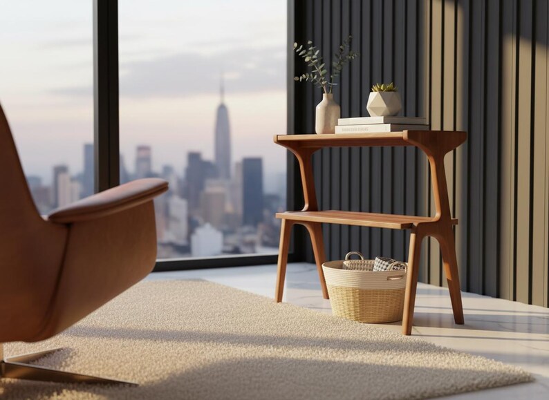 Two tier end table with wood legs and walnut finish