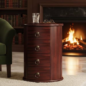 May include: A cylindrical, dark wood cabinet with four drawers, each with a brass ring pull. A cut-crystal glass and eyeglasses rest on top. The cabinet is in a room with a fireplace and a green armchair.