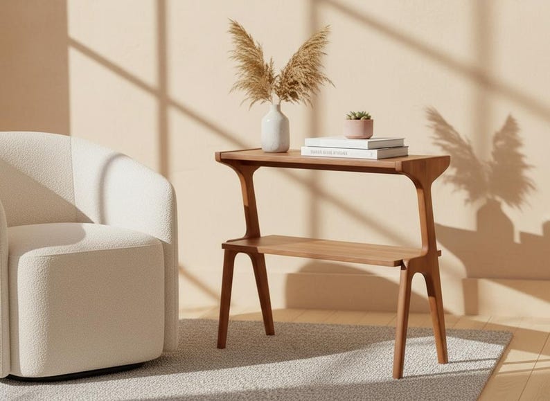Two tier end table with wood legs and walnut finish