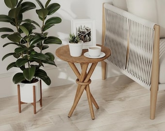 Round Walnut Side Table with Storage, Rustic Farmhouse Accent Stand