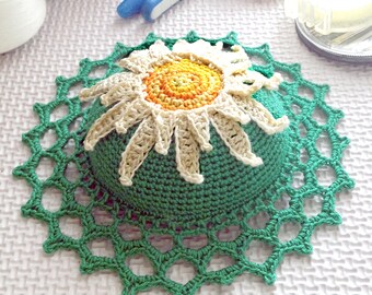 Crocheted Hat Pincushion in Deep Green with Daisy Top