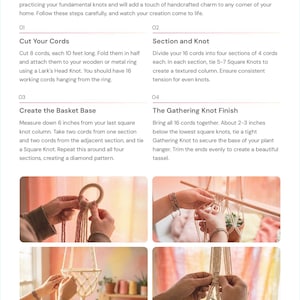 Könnte beinhalten: Anleitung für ein Makramee-Pflanzenaufhänger-Projekt. Die Schritte umfassen das Schneiden von Kordeln, das Verknoten von Abschnitten, das Erstellen einer Korbbasis und das Fertigstellen mit einem Sammelknoten. Der Text lautet "Projekt 1: Der Bohemian Plant Hanger."