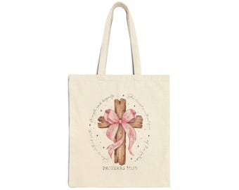 Pink Ribbon Wooden Cross Tote Bag | Faith Floral Christian Tote