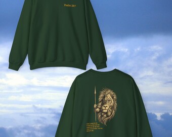 Christian Lion Psalm 28-7 Sweatshirt | Faith Based Sweater | Religious Bible Verse Crewneck | Christian Gift for Men and Women