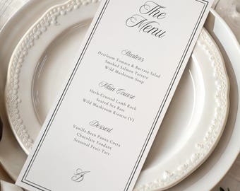 Plantilla clásica de menú de boda / Menú elegante para cena formal en blanco y negro