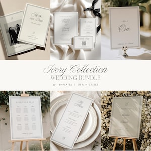 Op de afbeelding: Een trouwstationery-set op ivoorkleurig papier met zwarte dubbele lijnen als rand en elegante schreefletters. De collectie bevat save-the-date kaarten, uitnodigingen, tafelnummers, zitplannen, menukaarten en welkomstborden.