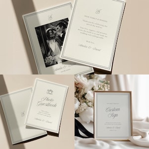 Printable wedding templates designed for DIY brides wanting luxury wedding decor: wedding photo guestbook sign, editable customizable sign, and wedding thank you card template