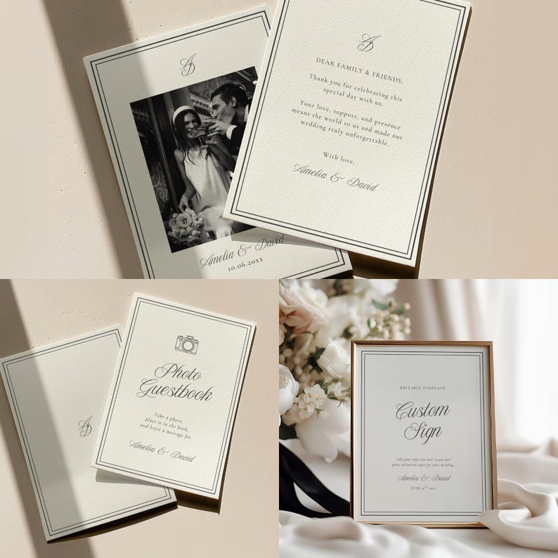 Printable wedding templates designed for DIY brides wanting luxury wedding decor: wedding photo guestbook sign, editable customizable sign, and wedding thank you card template