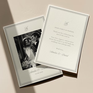 Minimalist wedding thank you card template with black and white design, and elegant details displayed with front and back design