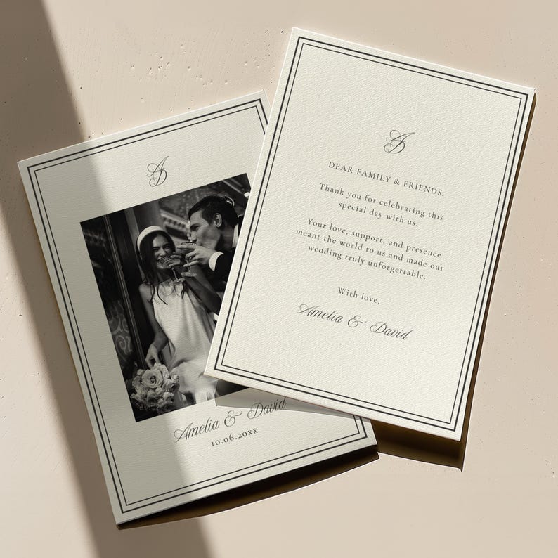 Minimalist wedding thank you card template with black and white design, and elegant details displayed with front and back design