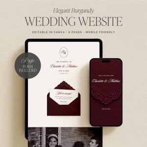 Può includere: Un modello di sito web per matrimoni digitale visualizzato su tablet e smartphone, con eleganti accenti bordeaux, una grafica di busta con dettagli in pizzo e il testo Elegant Burgundy WEDDING WEBSITE, Charlotte & Matthew, RSVP FORM INCLUDED.