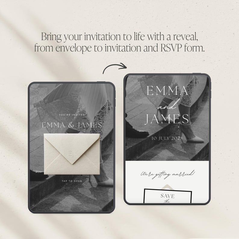 Editorial black and white save the date website showing envelope reveal design for modern classic wedding