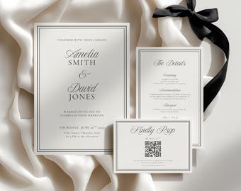 Luxury Old Money Wedding Invitation Suite Template | Editable Black and White Minimalistic Wedding Invite