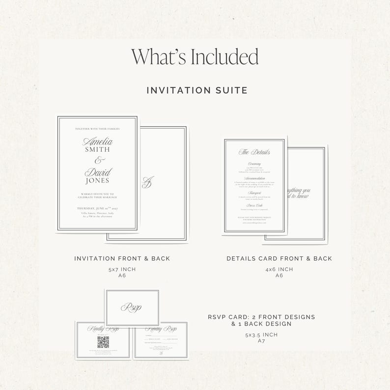 Printable wedding invitation suite in multiple sizes including US and EU formats
