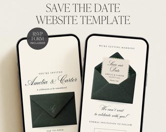 Green Old Money Vintage Digital Save The Date Website Template | Classic Envelope Digital Wedding Invitation