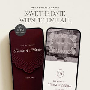 Op de afbeelding: Een bewerkbare Save the Date website template voor Canva op twee smartphoneschermen. Het ene scherm toont een donkerrode envelop met de tekst Charlotte & Matthew, het andere een bloemenkader en huwelijksdetails.