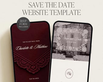 Burgundy Save the Date Website Template | Old Money Digital Wedding Invitation With RSVP & Countdown
