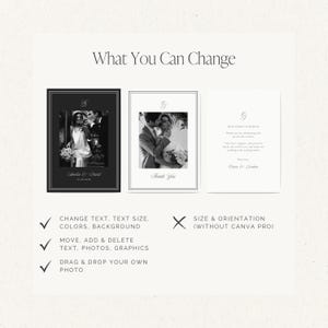 Fully customizable wedding thank you note card: change text, fonts, photos, colors, etc. The only think that cannot be changed: the template size and orientation (without Canva pro)