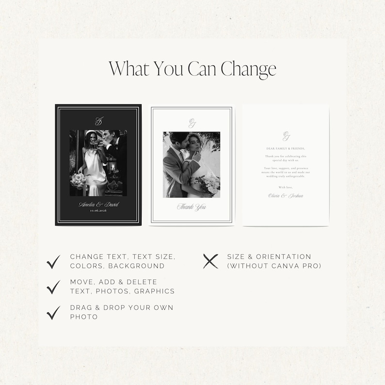 Fully customizable wedding thank you note card: change text, fonts, photos, colors, etc. The only think that cannot be changed: the template size and orientation (without Canva pro)