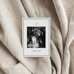 Classic old-money wedding thank you card with customizable photo displayed on a linen fabric