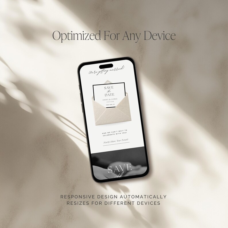 Canva wedding website template displayed on phone, digital save the date with RSVP