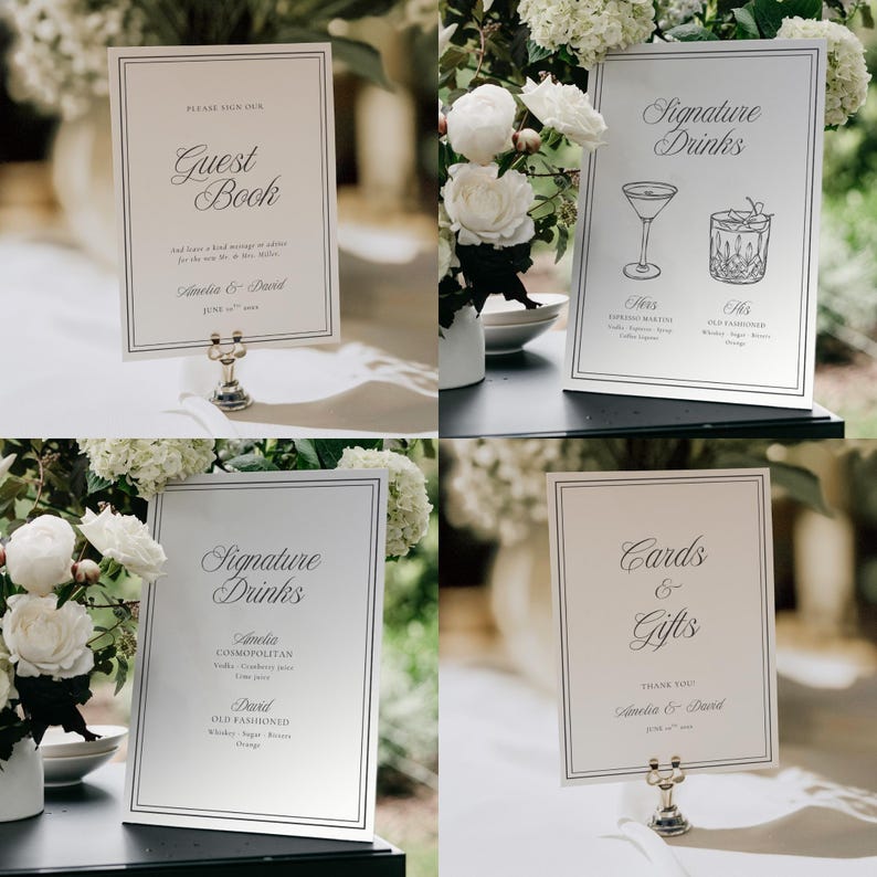 Matching Ivory Collection wedding reception signage templates with cohesive editorial styling: wedding guestbook sign, signature drinks sign, cards and gifts sign