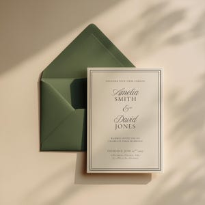 Minimalist wedding invitation suite including invitation, details card, and RSVP card