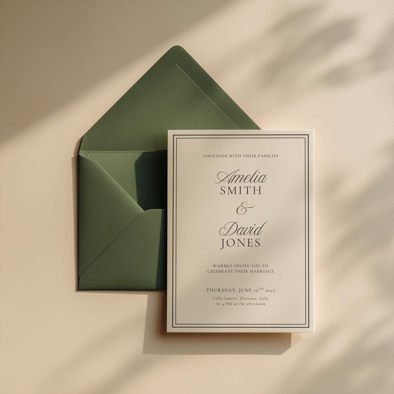Minimalist wedding invitation suite including invitation, details card, and RSVP card