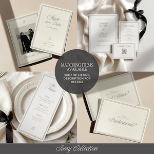 Matching Ivory Collection wedding invitation and save the date template with minimalist black and white editorial wedding design