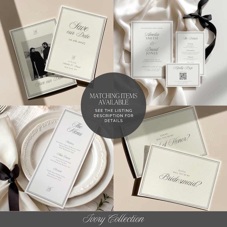 Matching Ivory Collection wedding invitation and save the date template with minimalist black and white editorial wedding design