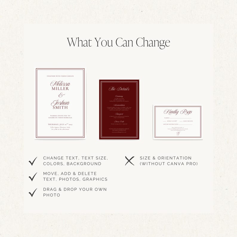 Editable wedding invitation Canva template for minimalist and black tie weddings, fully customizable