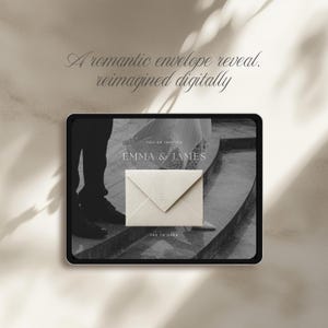 Black and white save the date website template with elegant typography and editorial wedding layout, a romantic envelope reveal