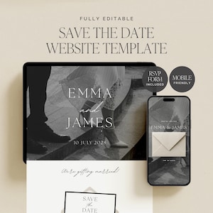 Modello di sito web digitale "Save the Date" in stile editoriale classico / Sito web di matrimonio in bianco e nero su Canva con RSVP