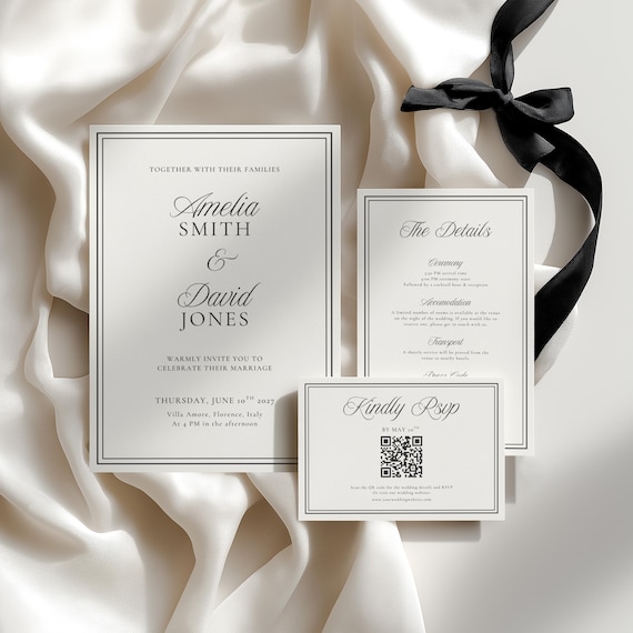 Luxury Old Money Wedding Invitation Suite Template | Editable Black and White Minimalistic Wedding Invite