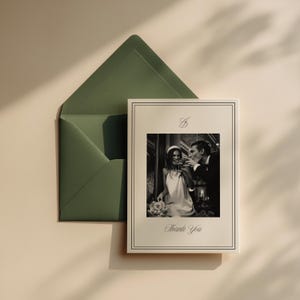 Elegant photo wedding thank you card, front design option 2 displayed with green envelope