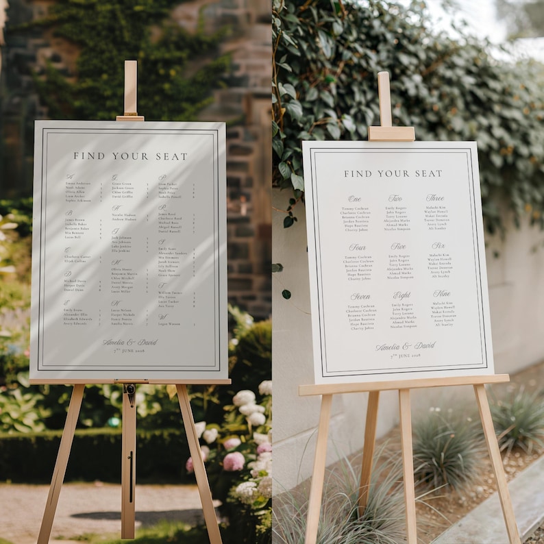 Matching Ivory Collection wedding seating chart templates with clean editorial layout for elegant wedding receptions