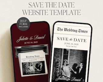 Burgundy Wedding Newspaper Save The Date Website Template Canva | Digital Engagement Announcement With RSVP