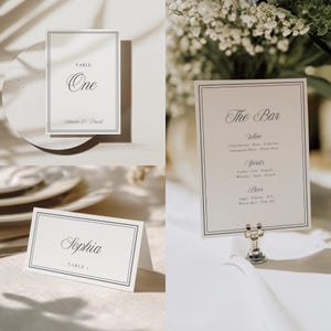 Matching Ivory Collection wedding signage templates with cohesive reception table signs: wedding table signs, wedding place cards, and wedding bar menu signs