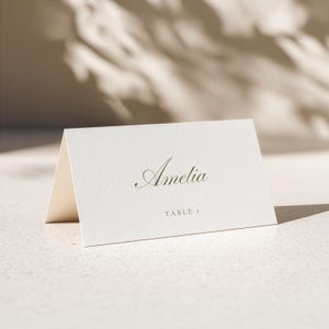 Könnte beinhalten: Eine gefaltete cremefarbene Tischkarte aus Karton mit dem Namen Amelia in einer dunkelgrünen Schreibschrift, wobei der Text TABLE 1 in einer kleineren, einfachen dunkelgrünen serifenlosen Schrift unter dem Namen auf der Vorderseite steht.