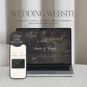 Vintage-Hochzeitswebsite-Vorlage mit RSVP | Bearbeitbare Canva-Einladung zur Hochzeit im Ausland | Stil der alten Schule