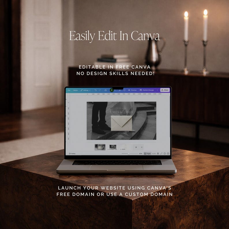 Editable Canva save the date website template showing easy text and photo customization