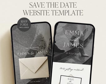 Editorial Classic Digital Save the Date Website Template | Black & White Canva Wedding Website with RSVP