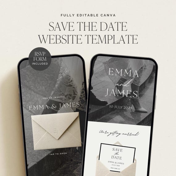 Editorial Classic Digital Save the Date Website Template | Black & White Canva Wedding Website with RSVP