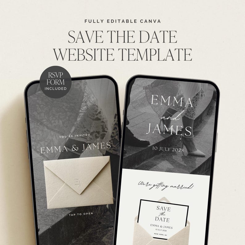 Black and white digital save the date website template with minimalist envelope reveal, Canva editable wedding website