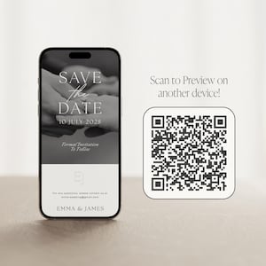 Modern classic black and white wedding save the date website template with editorial aesthetic, scan the QR code to preview the digital invitation on another device