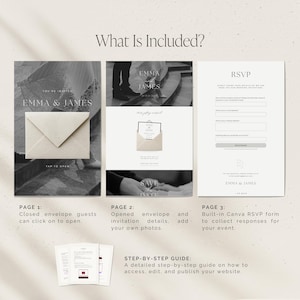 Three page black and white digital save the date website template including an RSVP form, in-depth step-by-step guide included