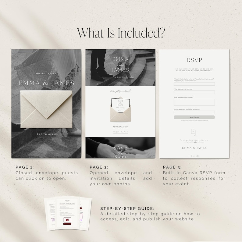 Three page black and white digital save the date website template including an RSVP form, in-depth step-by-step guide included