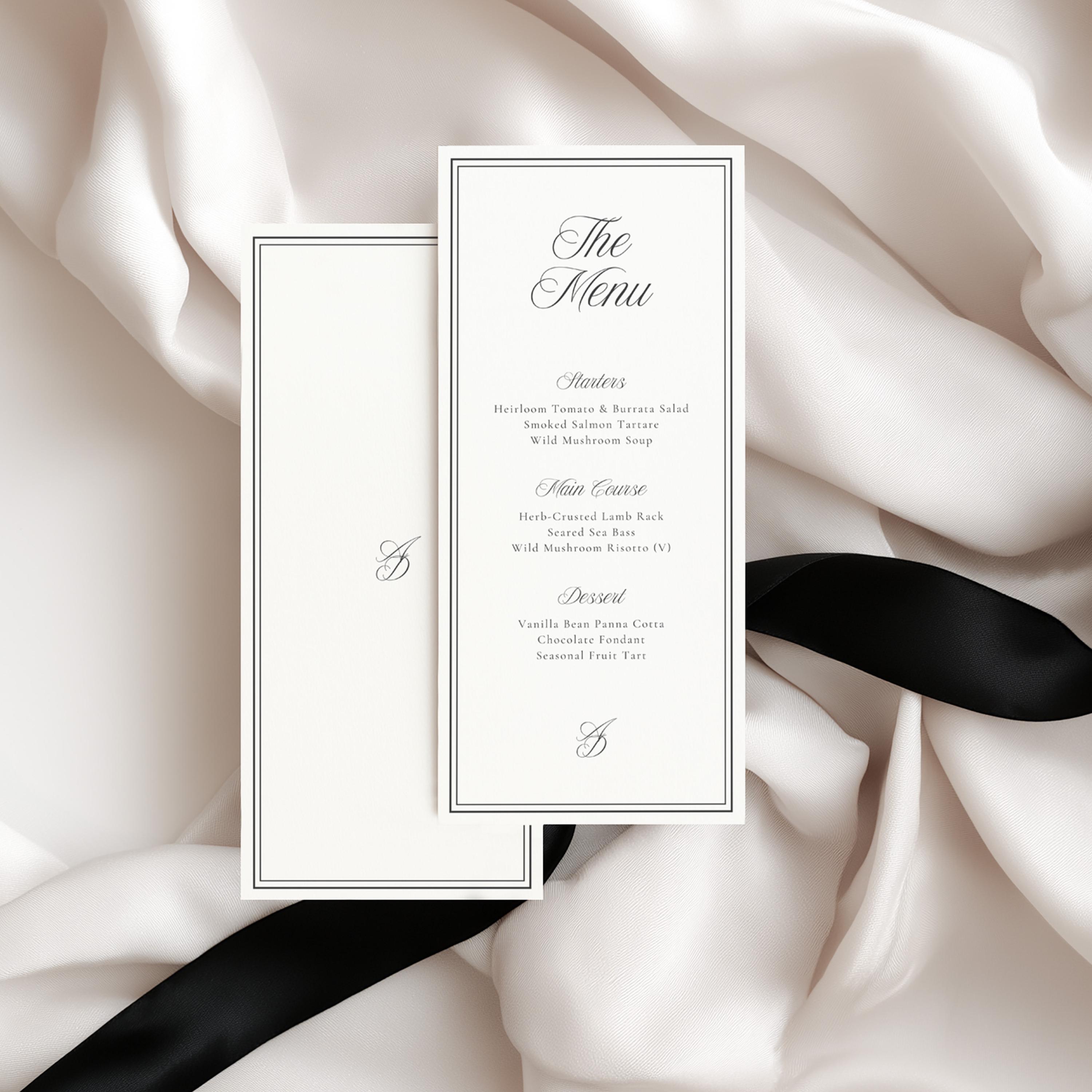 Classic Wedding Menu Card Template | Elegant Black and White Formal ...