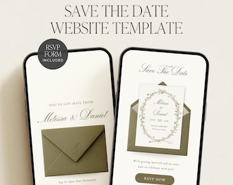 Olive Green Vintage Digital Save the Date Website Template | Romantic Floral Canva Wedding Website